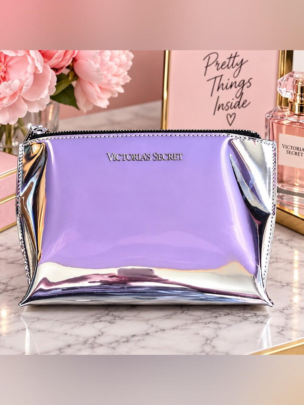NWOT Victoria’s Secret Mirrored Silver Makeup Bag